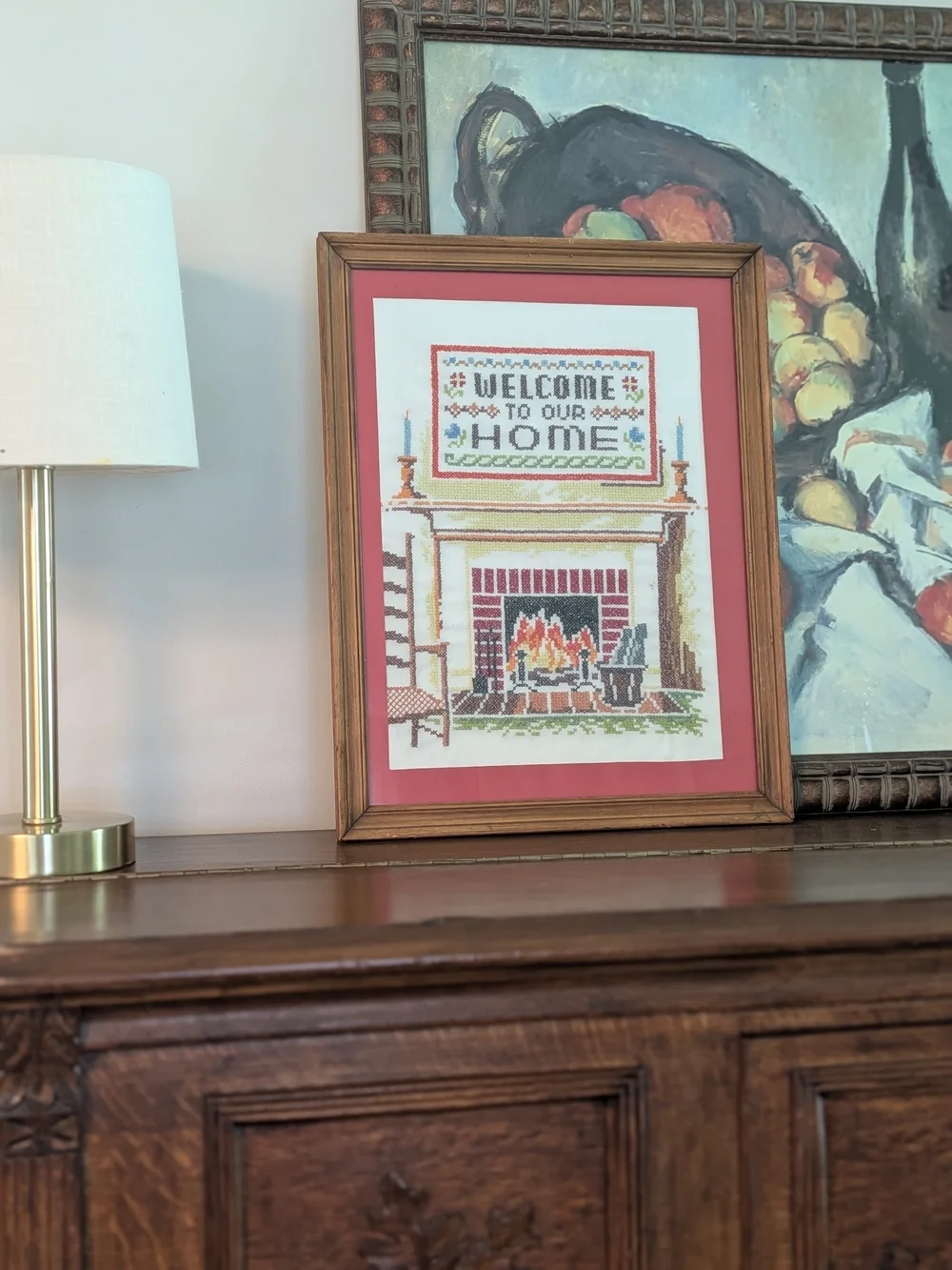 Welcome to Our Home Framed Cross-Stitch Wall Art - Red Mat Large